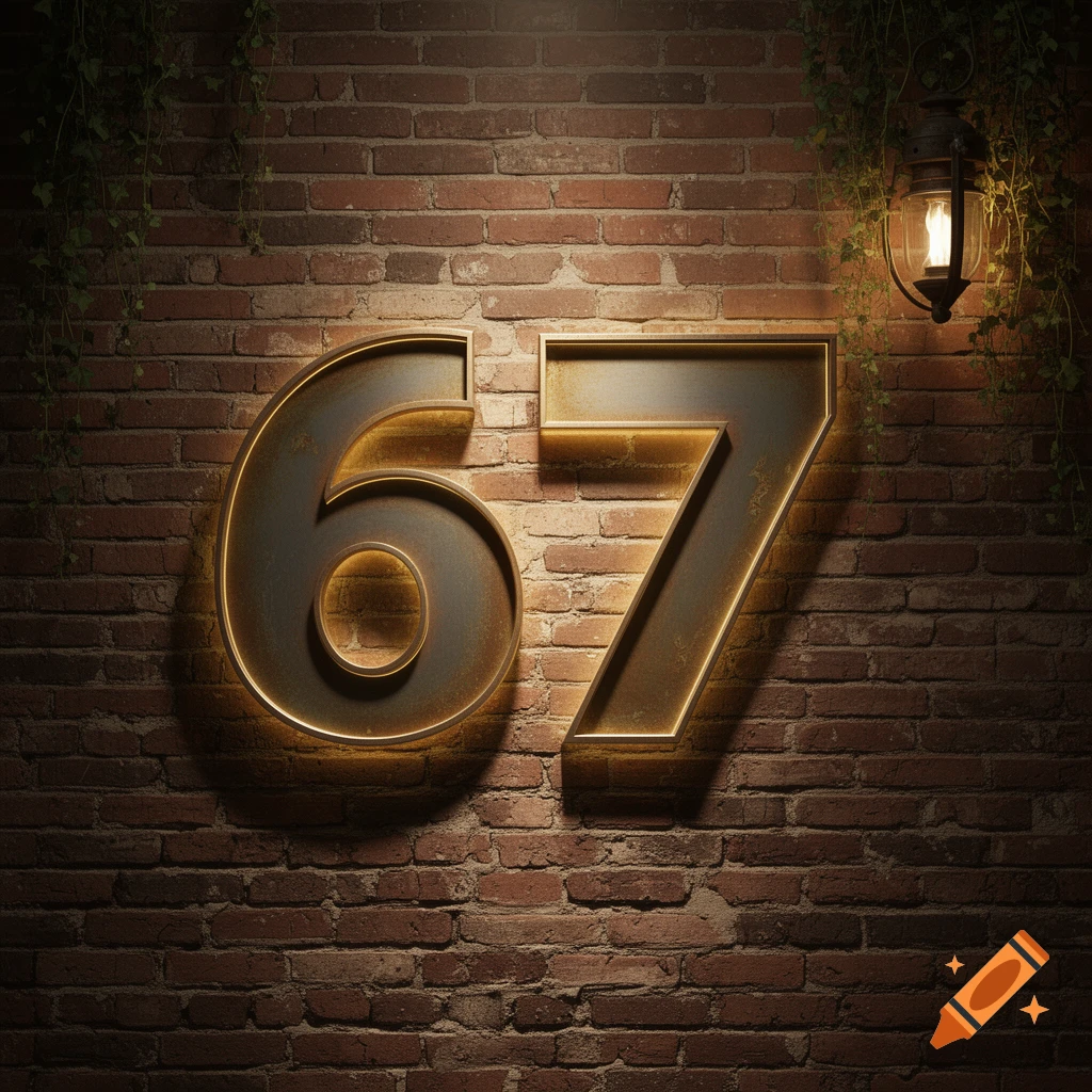 The numbers 67 in metallic, backlit digits on a rustic brick wall with ivy and a hanging lantern.