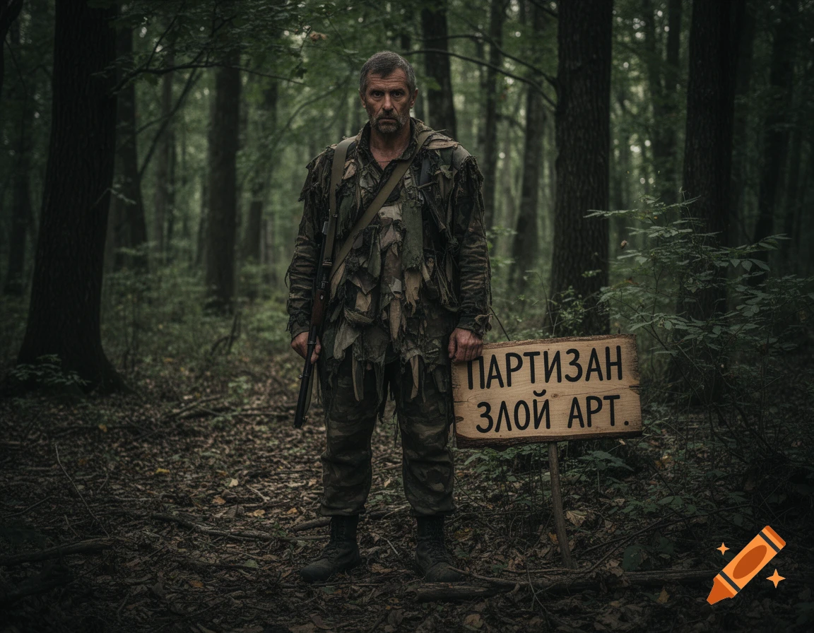 A grim man in camouflage holds a rifle in a dark, dense forest, standing next to a wooden sign.