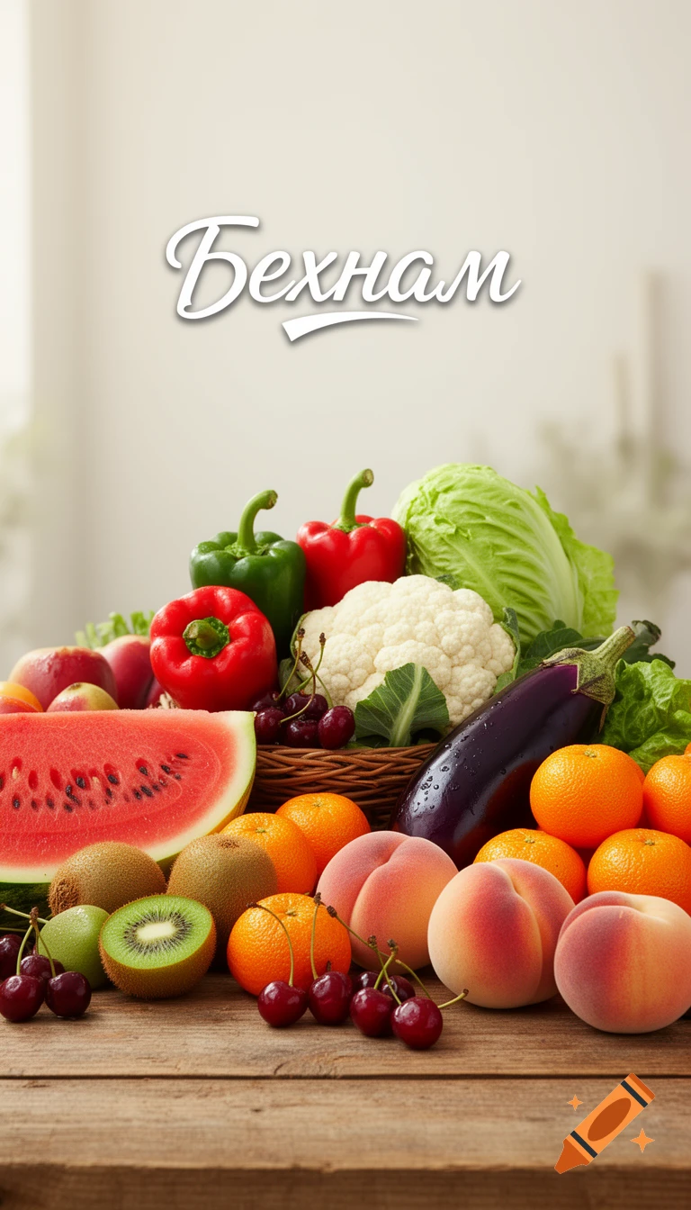 A vibrant assortment of fresh fruits and vegetables like watermelon, peaches, bell peppers, kiwi, and oranges on a wooden table, with the brand name 'Бехнам' above.