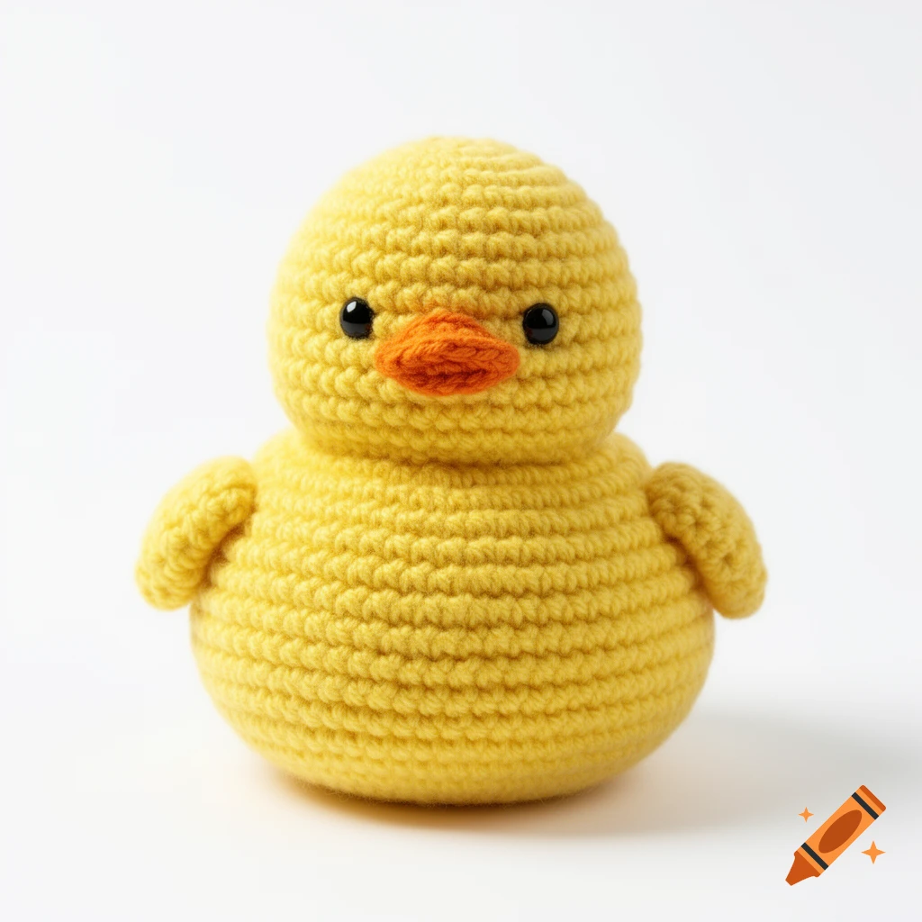 A cute yellow crochet amigurumi duck with an orange beak and black eyes, presented in a product photography style on a white background.