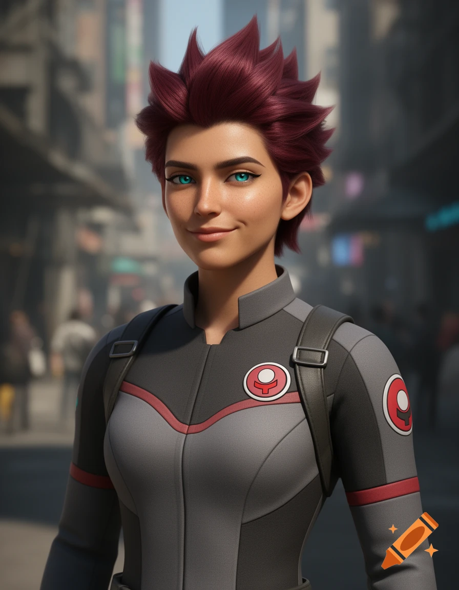 A stylized human character with short, spiky wine-red hair and blue-green eyes, wearing a gray and black uniform with red accents and circular badges, stands smiling on a city street.
