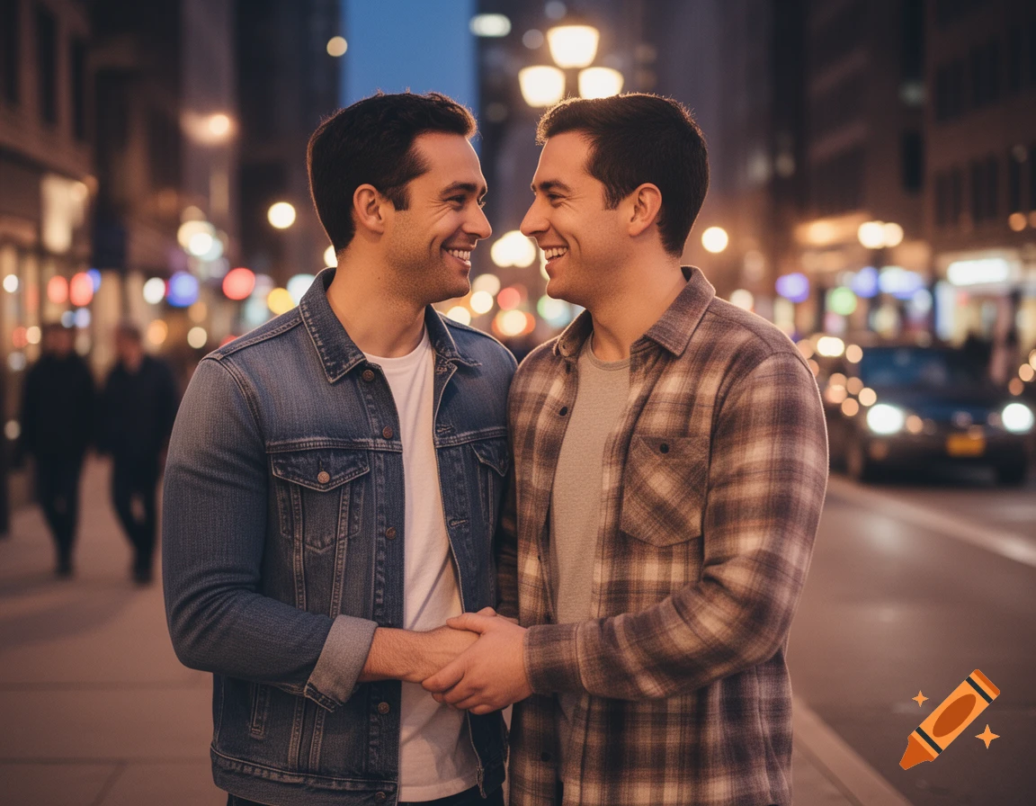 A smiling gay couple holds hands and looks affectionately at each other on a city street at night, with bokeh lights in the background.