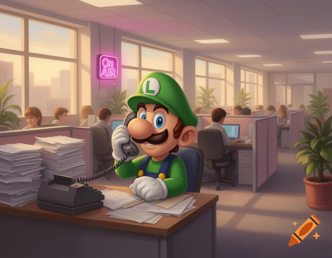 Luigi from Super Mario, dressed in green, sits at an office desk talking on a landline phone. A neon 'On AIR' sign glows in the background.