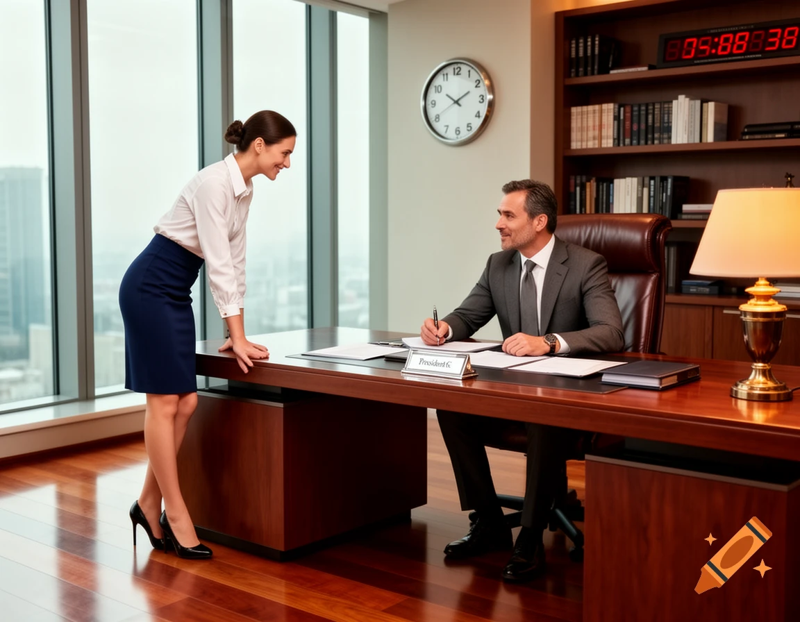 A man in a suit seated at a desk writes while a woman in professional attire leans on the desk, smiling at him in a modern office.