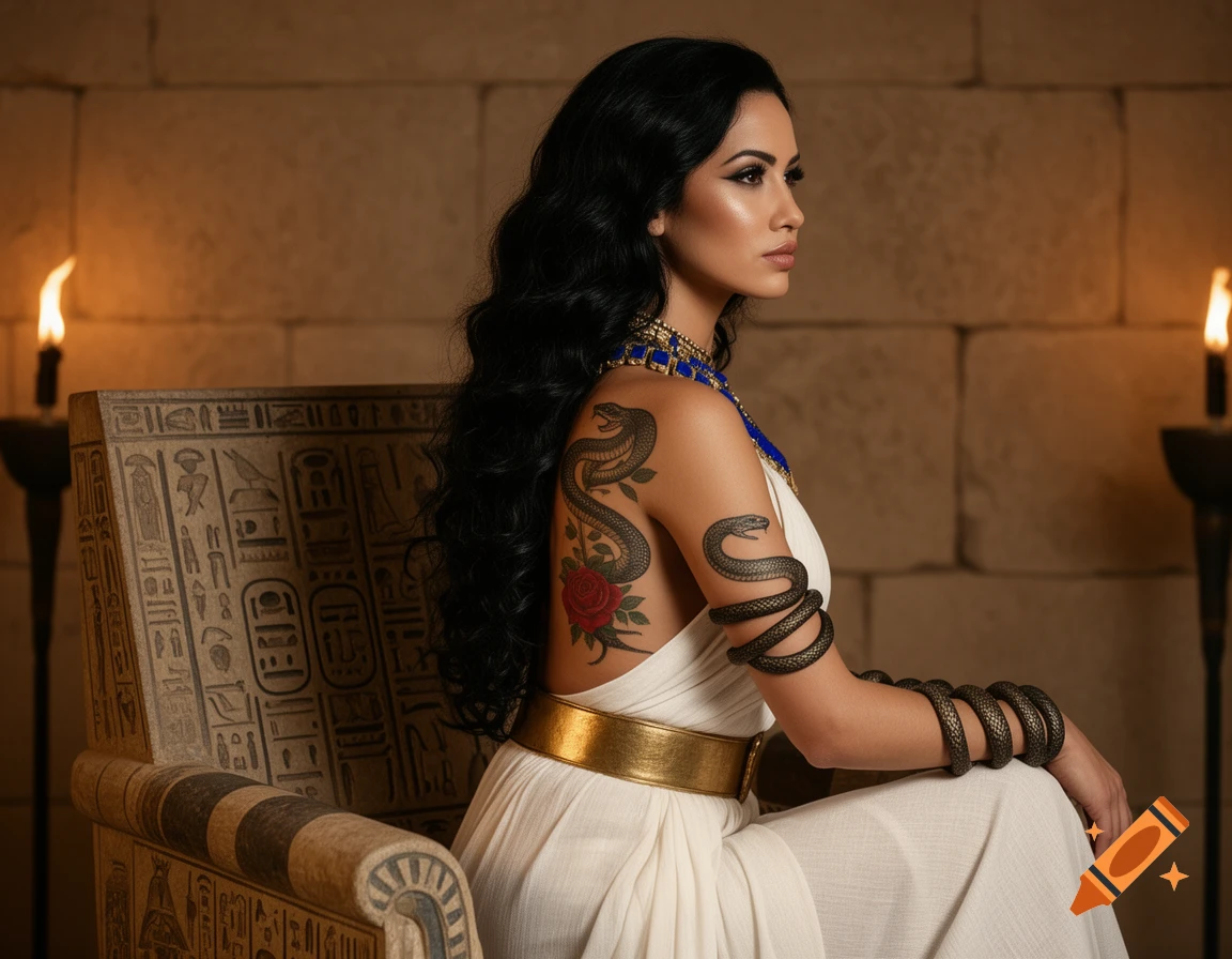A dark-haired woman in ancient Egyptian attire with snake and rose tattoos, sitting on a hieroglyphic armchair in profile.