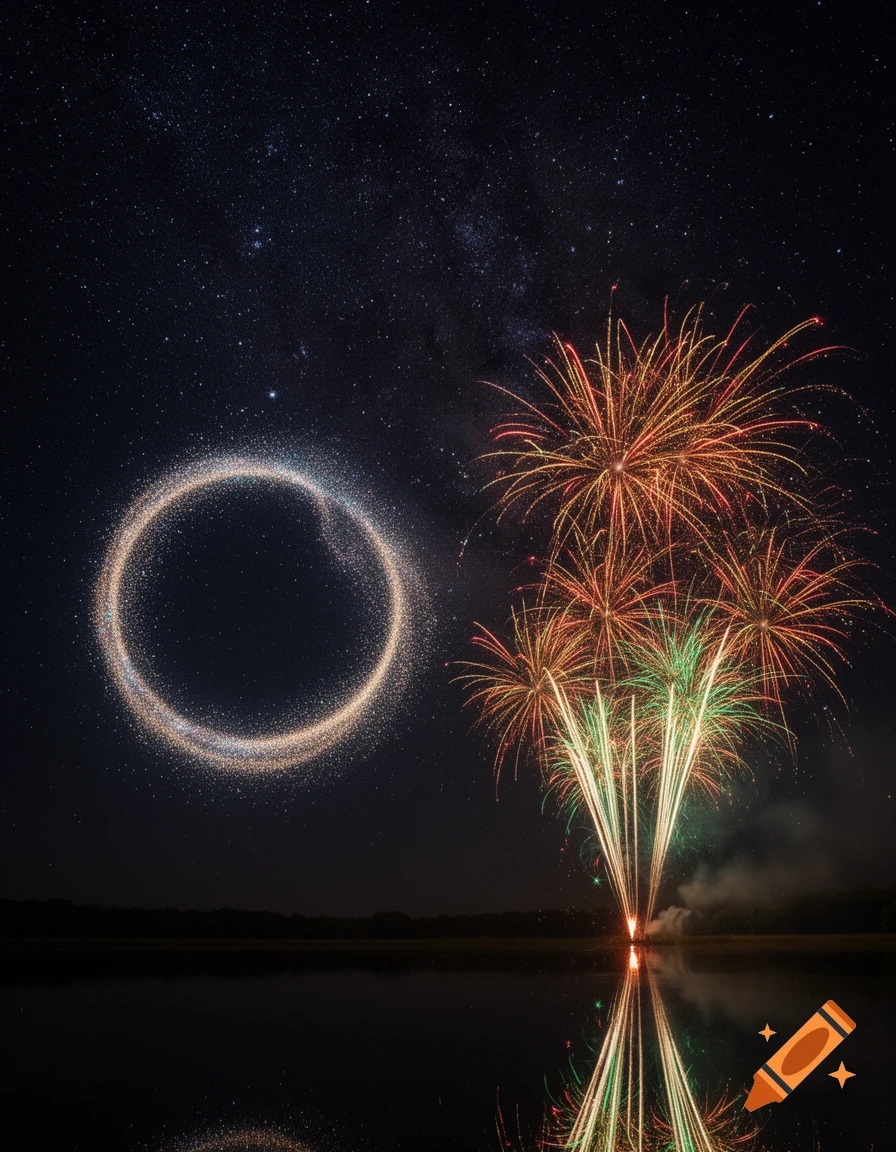 Colorful fireworks explode over water under a starry night sky, with a luminous ring of stardust on the left, all reflected below.