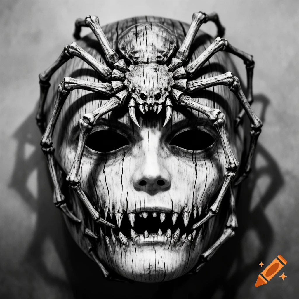 Black and white illustration of a terrifying wooden mask with a bony spider clinging to its face, featuring sharp teeth.
