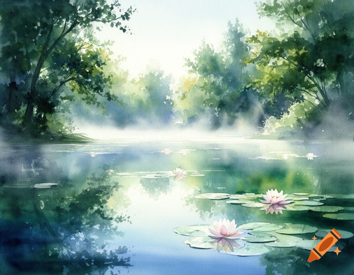 A serene watercolor painting of a misty lake surrounded by lush green trees, with pink water lilies floating on the calm surface.
