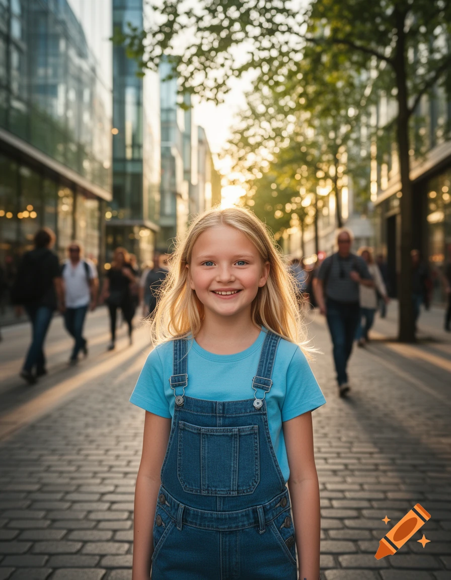 A smiling blonde girl in denim overalls and a blue shirt stands on a cobblestone city street with blurry buildings and people in golden sunlight.