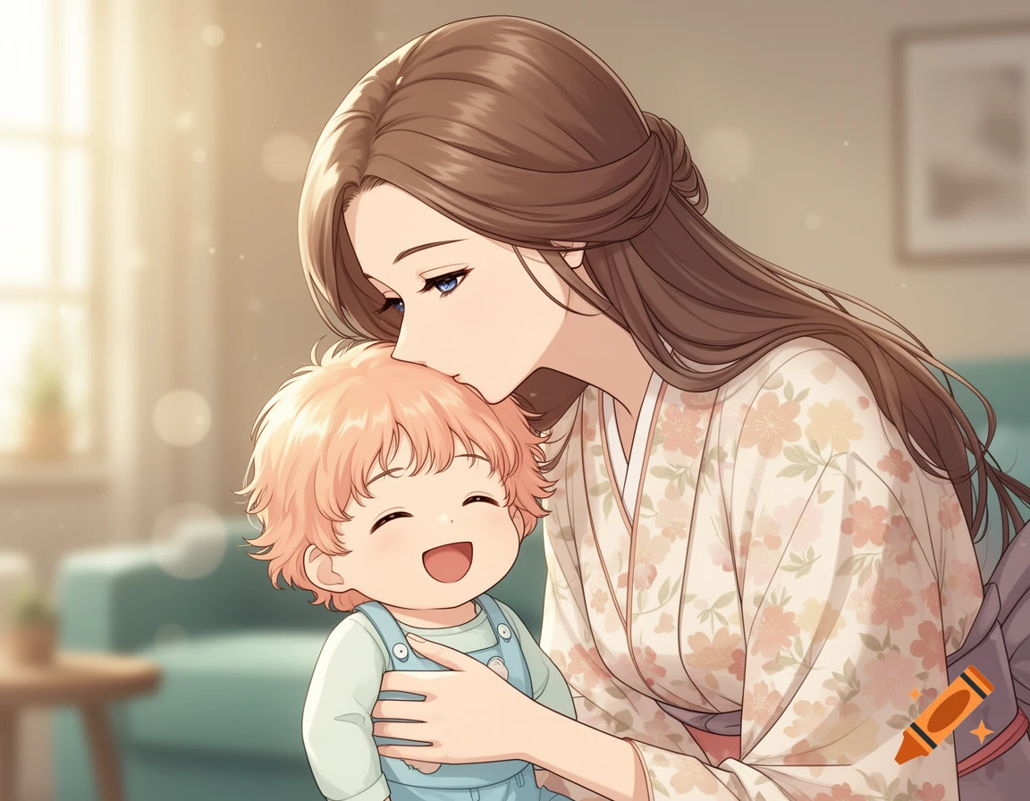 Anime illustration of a mother with long brown hair kissing her smiling toddler on the forehead.