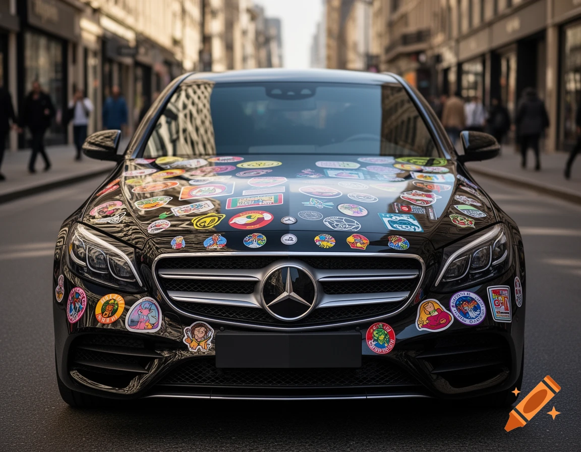 Black Mercedes-Benz car covered in numerous colorful stickers, parked on a city street.