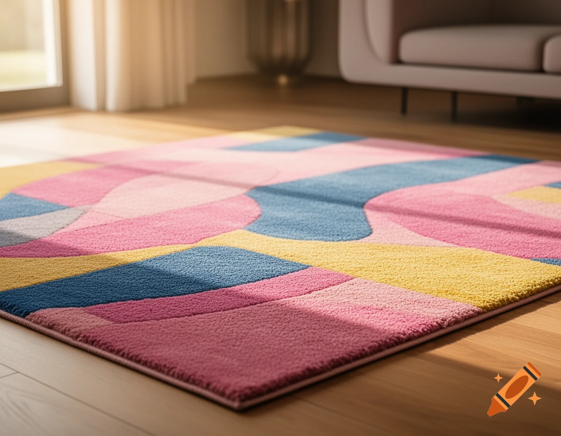 A colorful rug with abstract patterns in pink, blue, and yellow on a wooden floor in a sunlit room.