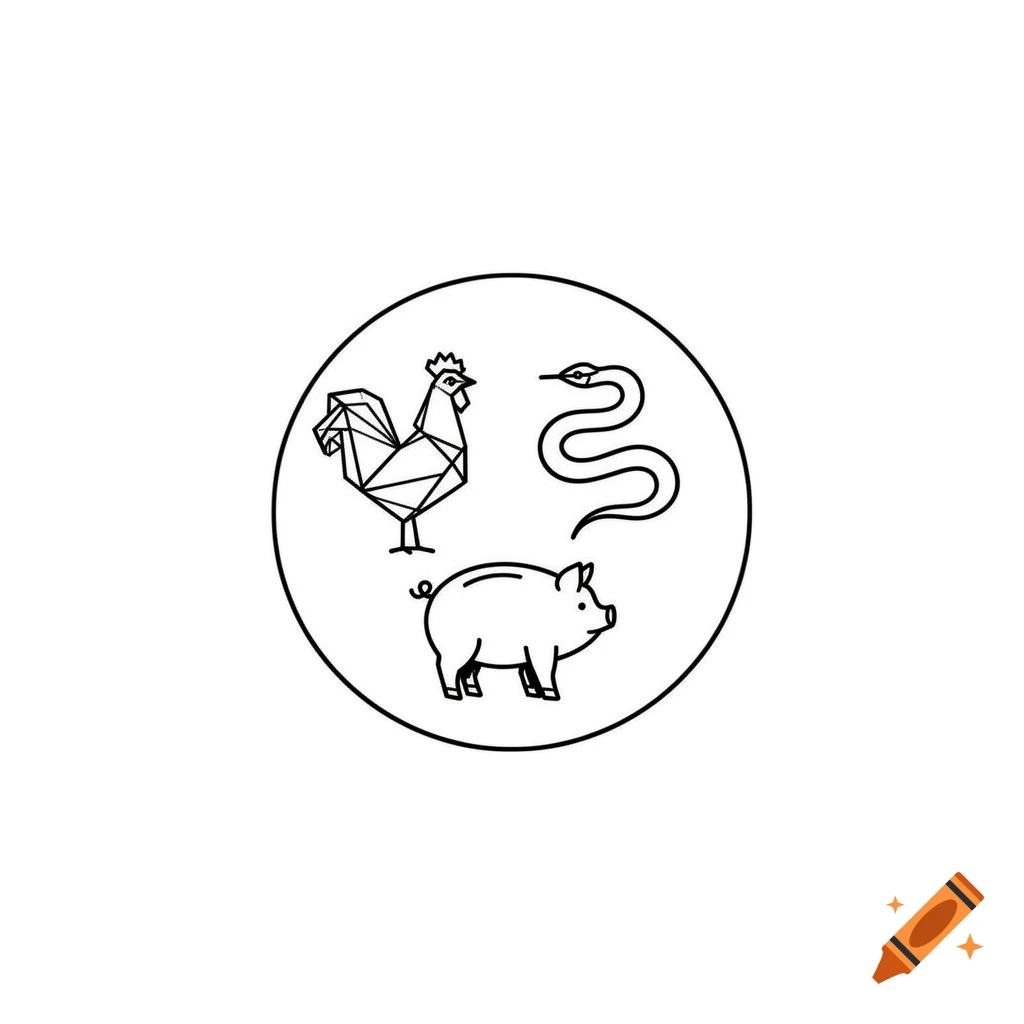 Minimalist circular line art design featuring a geometric rooster, a coiled snake, and a simple pig icon.
