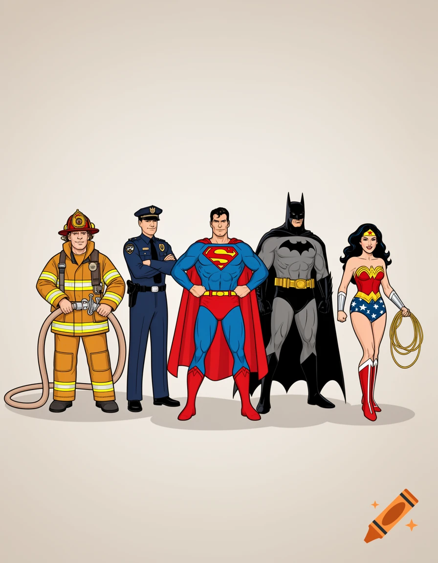 Cartoon illustration of a firefighter, policeman, Superman, Batman, and Wonder Woman standing side-by-side on a light background.
