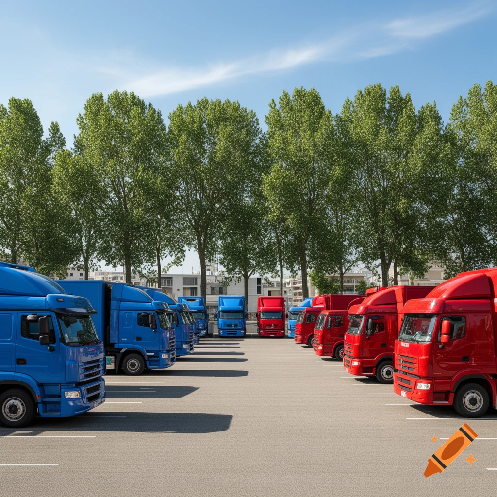 Photorealistic image showing rows of blue and red semi-trucks parked in an outdoor lot on a sunny day.