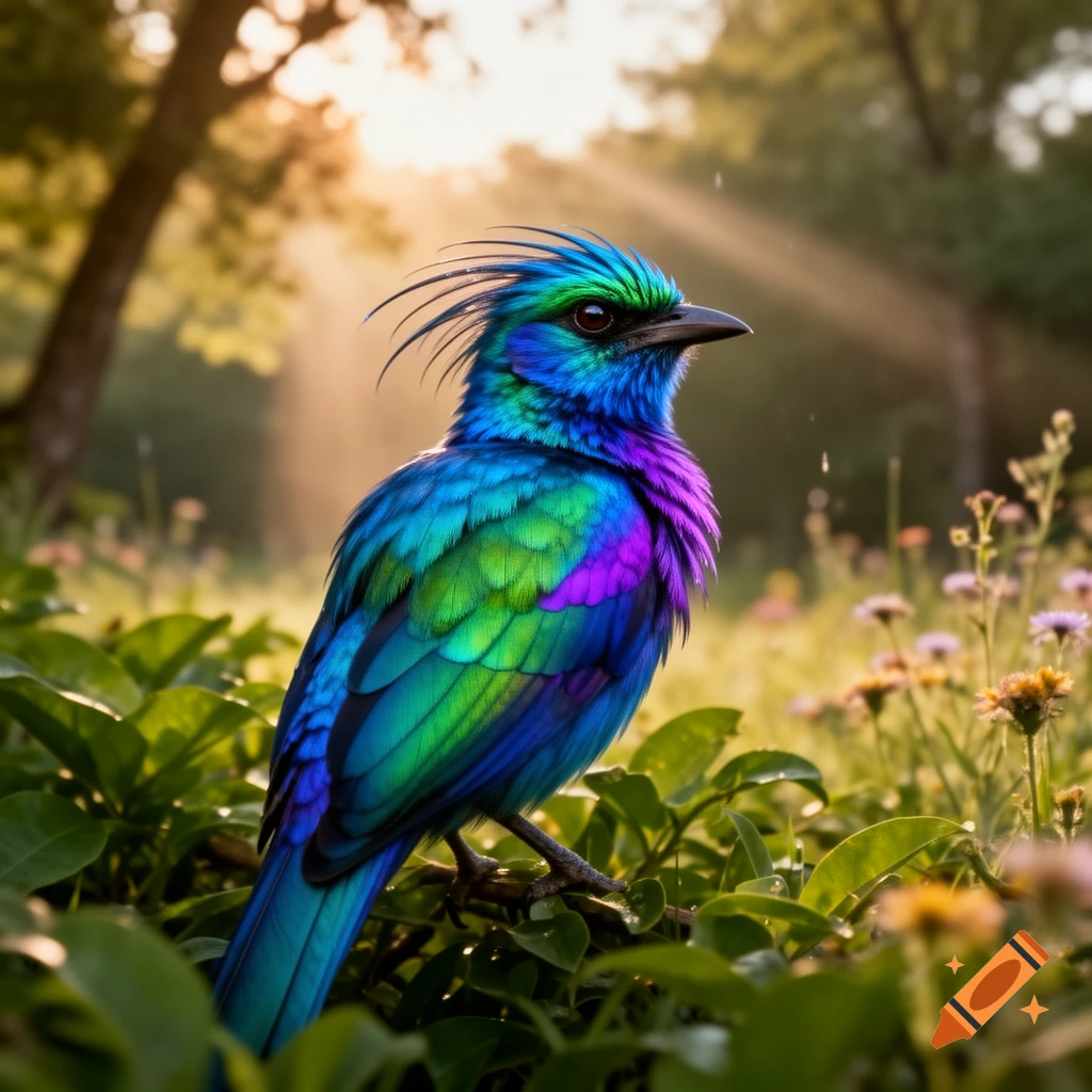 A vibrant, iridescent blue, green, and purple bird with a crest perches on a branch in a sunlit forest with wildflowers.