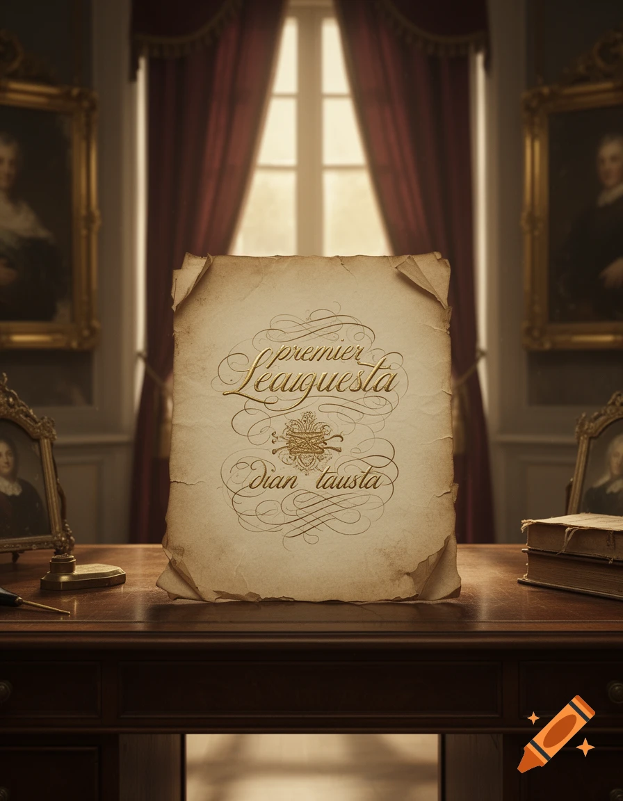An antique-style document with ornate gold script reading "premier Léauguesta Dian tausta" stands on a wooden desk in a historical room.