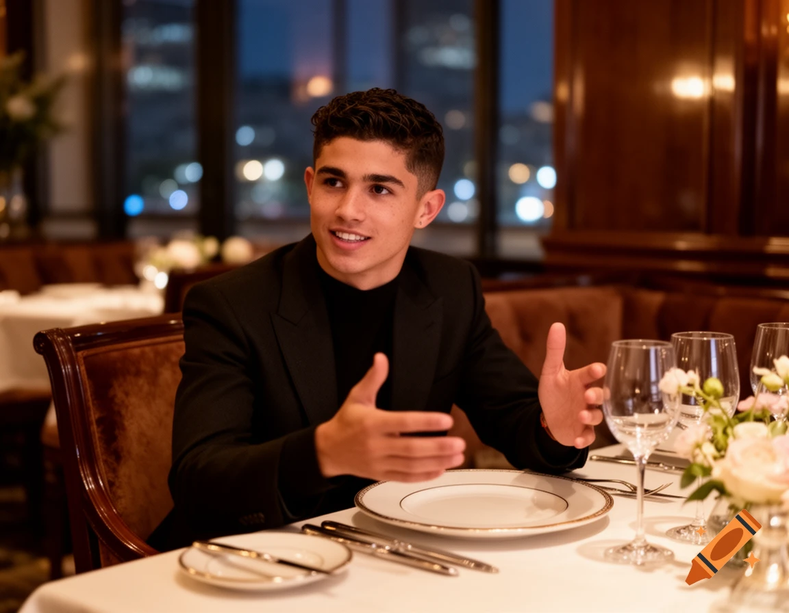 A young man in a black suit sits at a dining table in an upscale restaurant, gesturing while speaking.