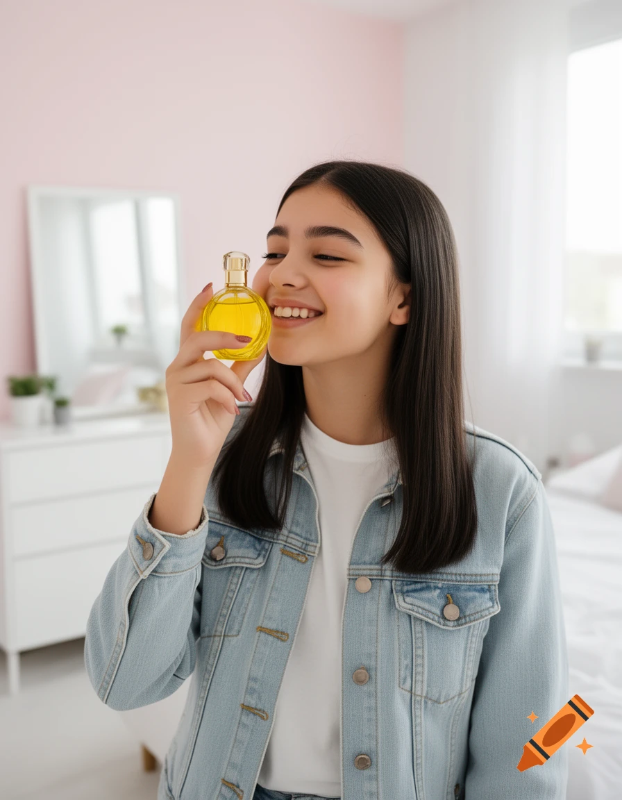 A smiling teenage girl in a denim jacket holds a yellow perfume bottle to her nose, smelling it in a bright room.