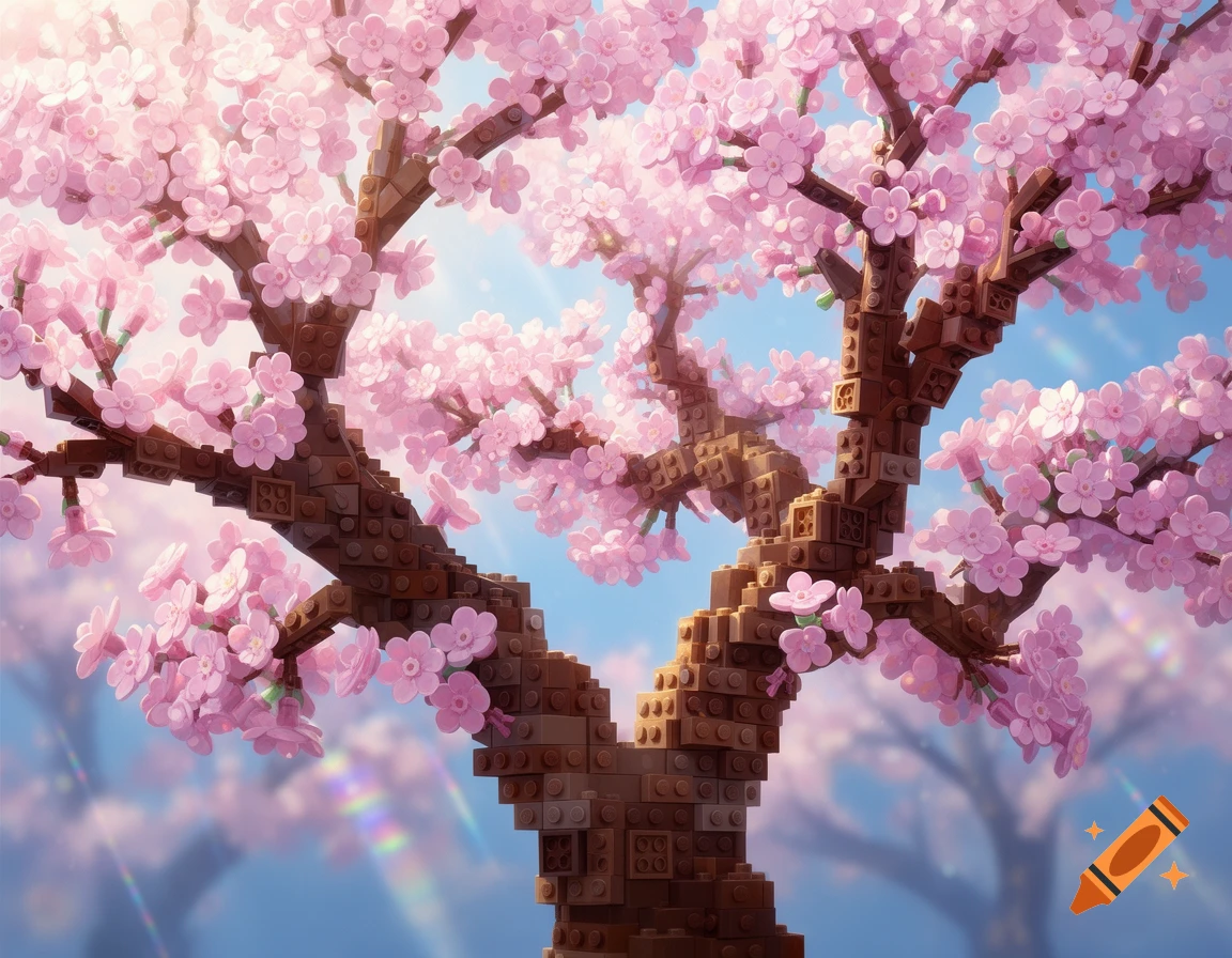 A vibrant cherry blossom tree with branches and trunk made of brown Lego bricks, featuring delicate pink Lego cherry blossoms against a bright blue sky.