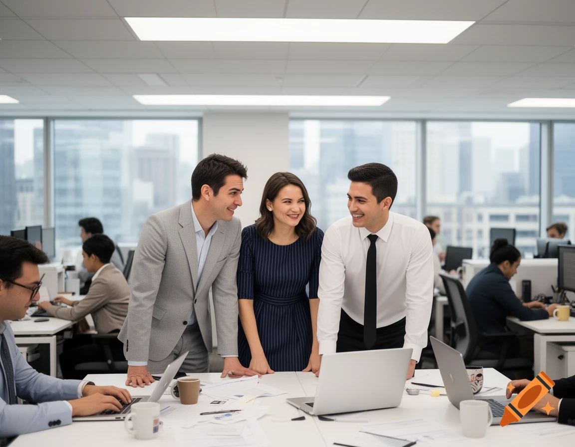 Three smiling business professionals interact at a desk in a modern open-plan office.