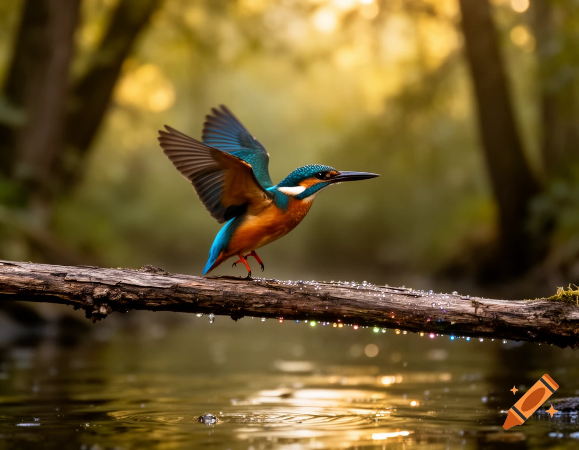 A vibrant kingfisher with blue, green, and orange plumage perches on a mossy log over shimmering water, bathed in warm, golden light.