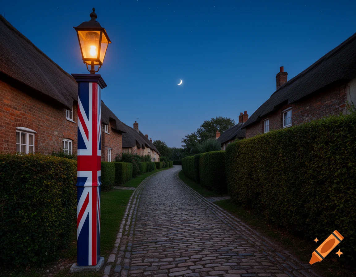 A Union Jack lamp post illuminates a cobblestone village street with thatched-roof houses at dusk under a crescent moon.