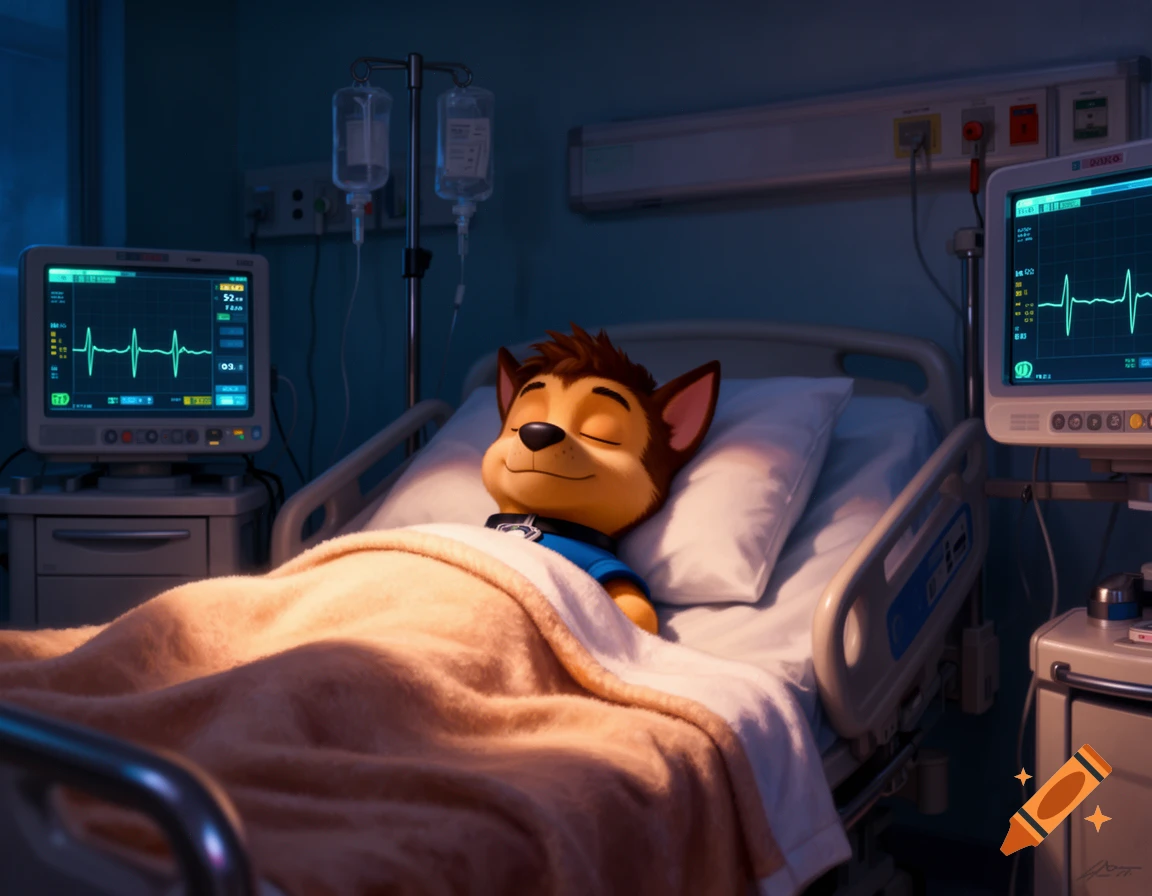 Animated dog character from Paw Patrol sleeping in a hospital bed, surrounded by medical monitors in a calm, softly lit intensive care room.