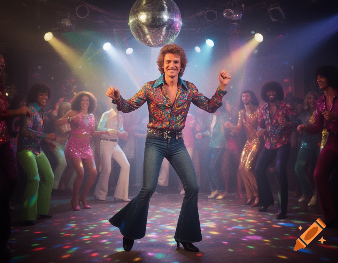 A man in 70s disco attire dances enthusiastically under a disco ball and colorful lights, surrounded by other dancers.