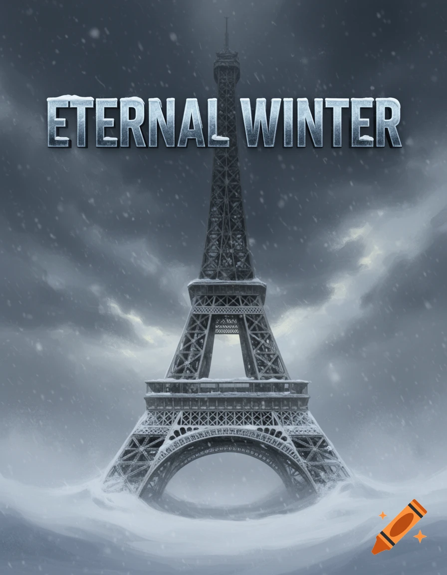 The Eiffel Tower is partially buried in deep snow during a severe winter storm, with the title 'Eternal Winter' above.