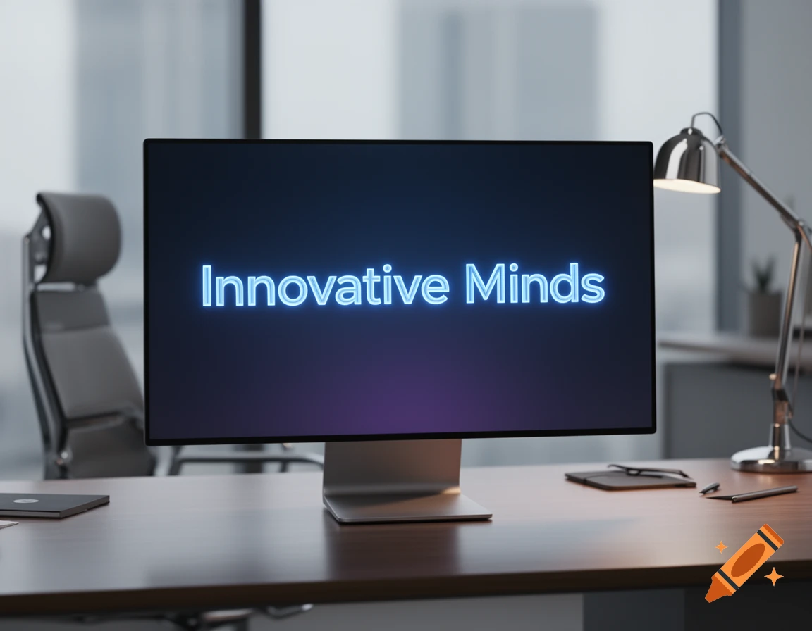 A computer monitor displaying 'Innovative Minds' on a desk in a modern office, next to a silver desk lamp.