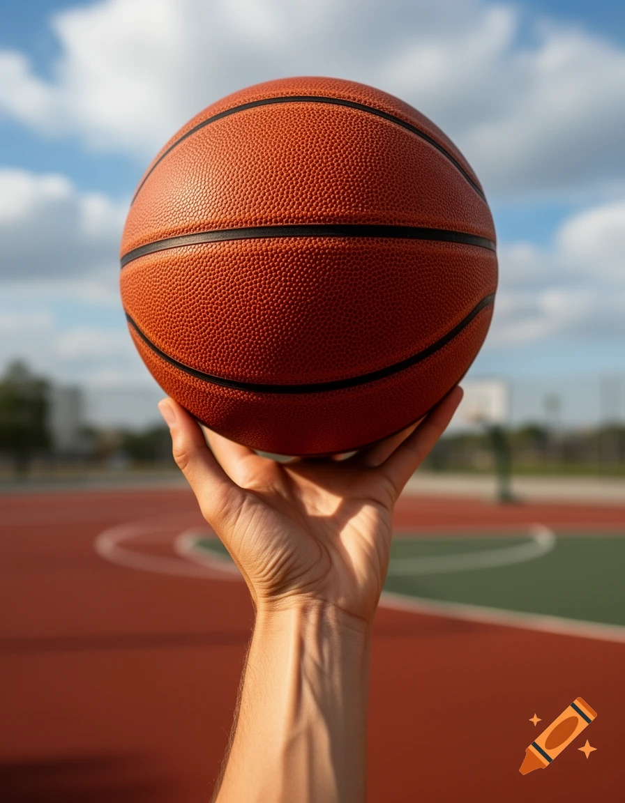 A person's hand balances a basketball in the air, with a blurred outdoor court and sky in the background.