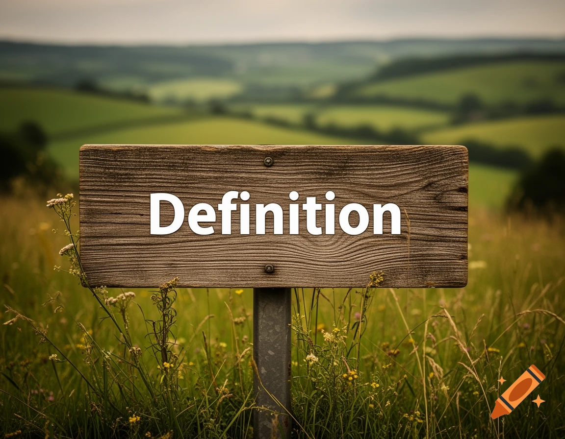 A rustic wooden sign with the word "Definition" in white text stands in a grassy field, with blurred green rolling hills in the background.
