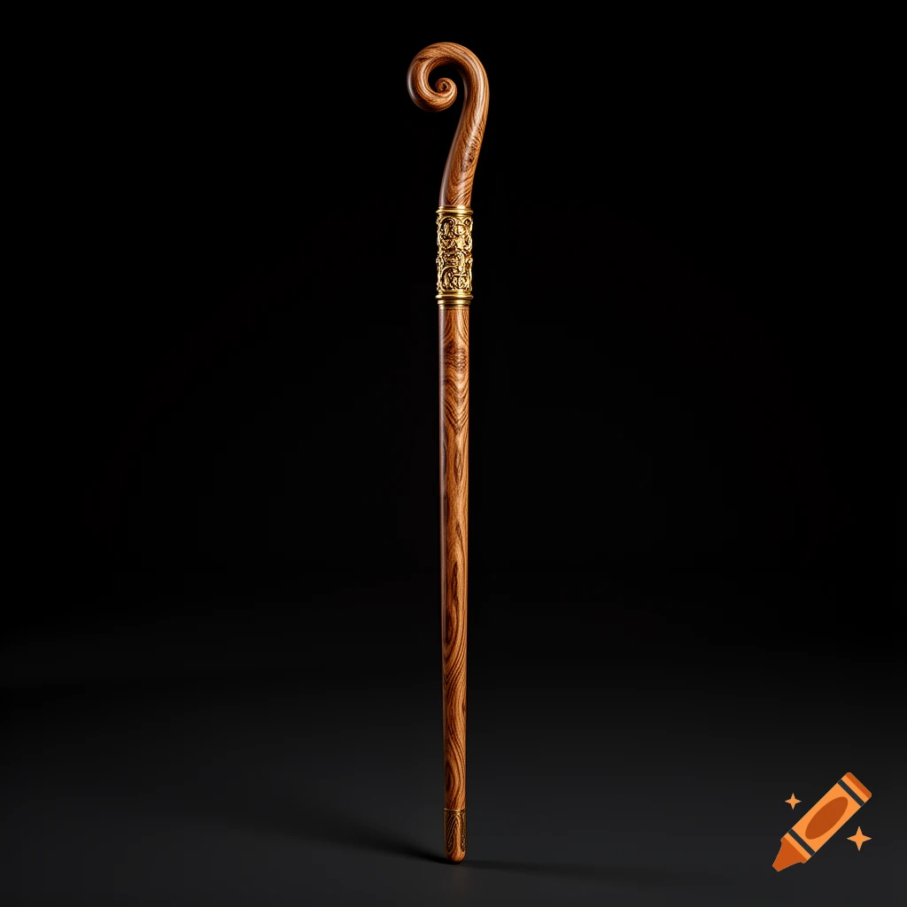 A dark wooden staff with a curved volute handle and ornate gold decoration against a black background.