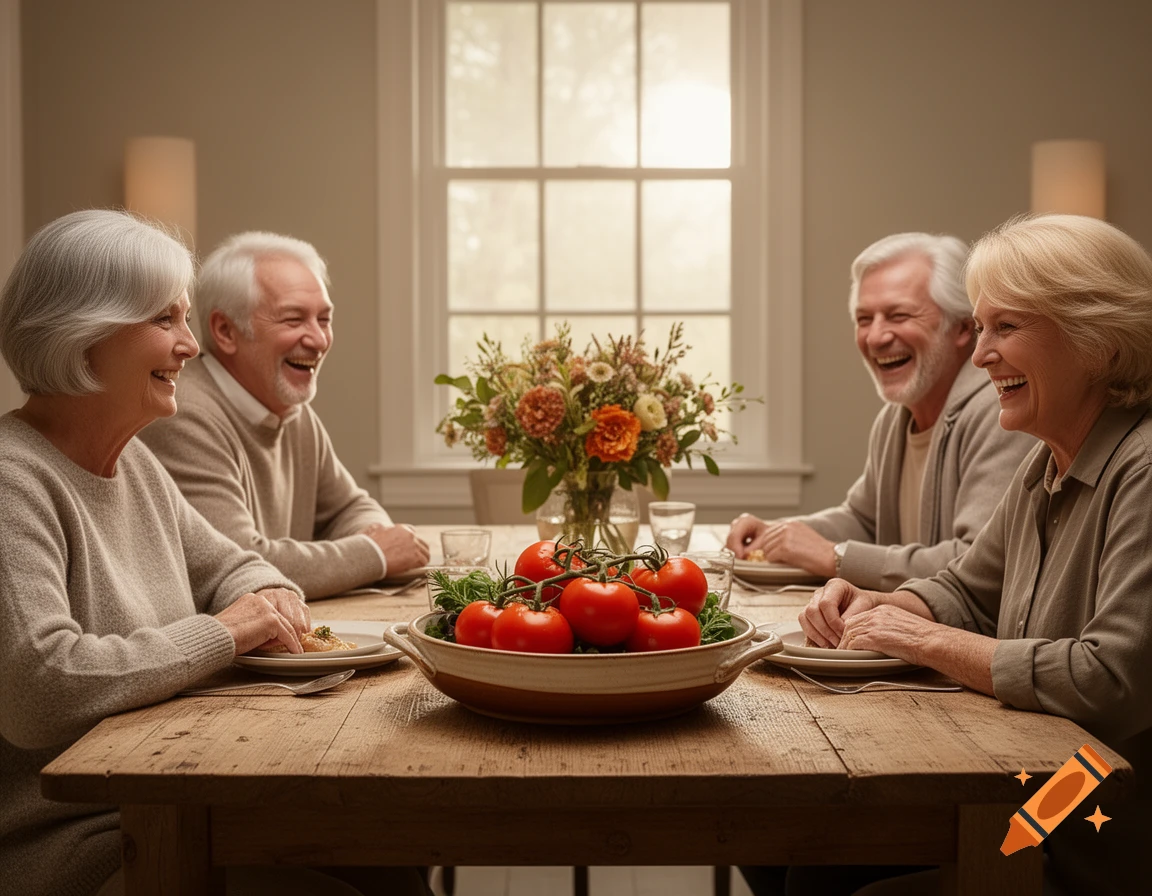 Four smiling seniors share a meal at a rustic wooden table with a bowl of tomatoes and a floral centerpiece.