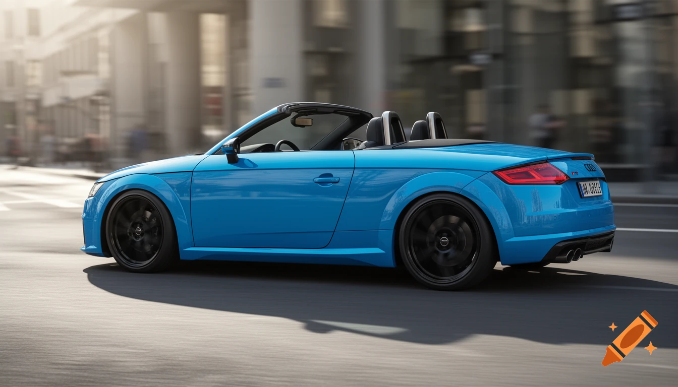 A bright blue Audi TT Roadster drives dynamically on a modern city street under daylight.