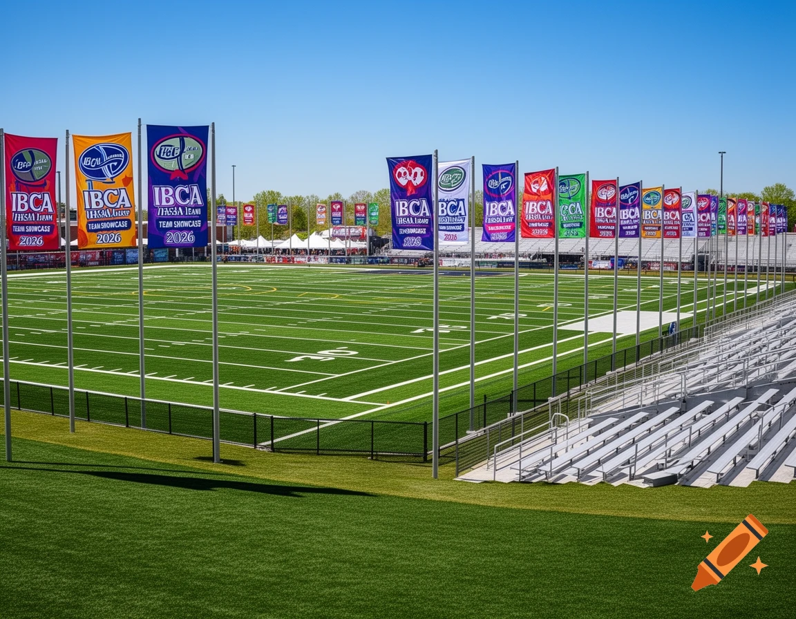 A bright green football field on a sunny day, lined with rows of colorful banners and empty stadium seating.