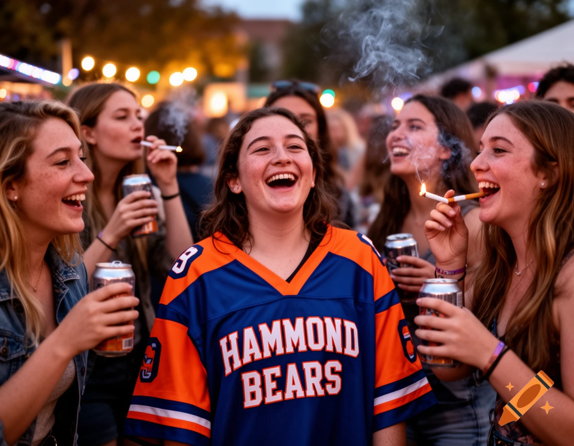 A group of young women laughing, drinking, and smoking at an outdoor social event at dusk, one in a "Hammond Bears" jersey.