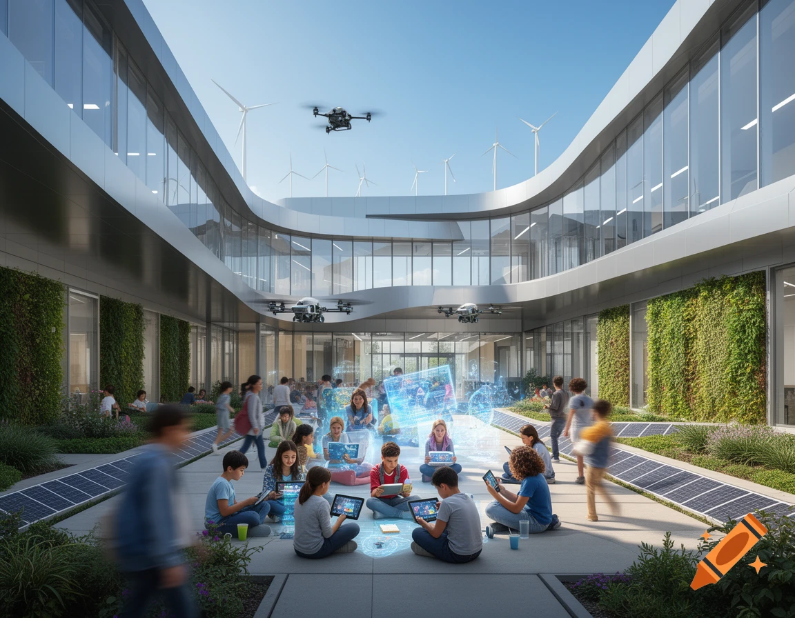 Children learn in a futuristic open-air school courtyard with curved buildings, green walls, solar panels, and drones overhead.