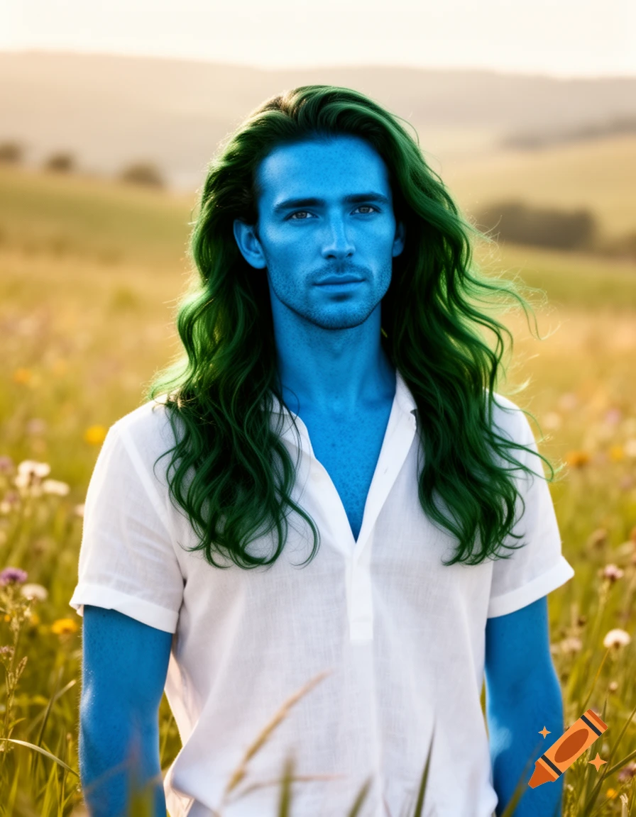 A photorealistic portrait of a man with blue skin and long green hair, wearing a white shirt, standing in a sunny field.