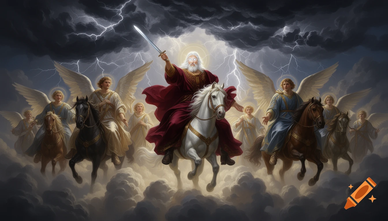 Jesus on a white horse, holding a sword, with angels on horseback in stormy, cloud-filled skies with lightning.