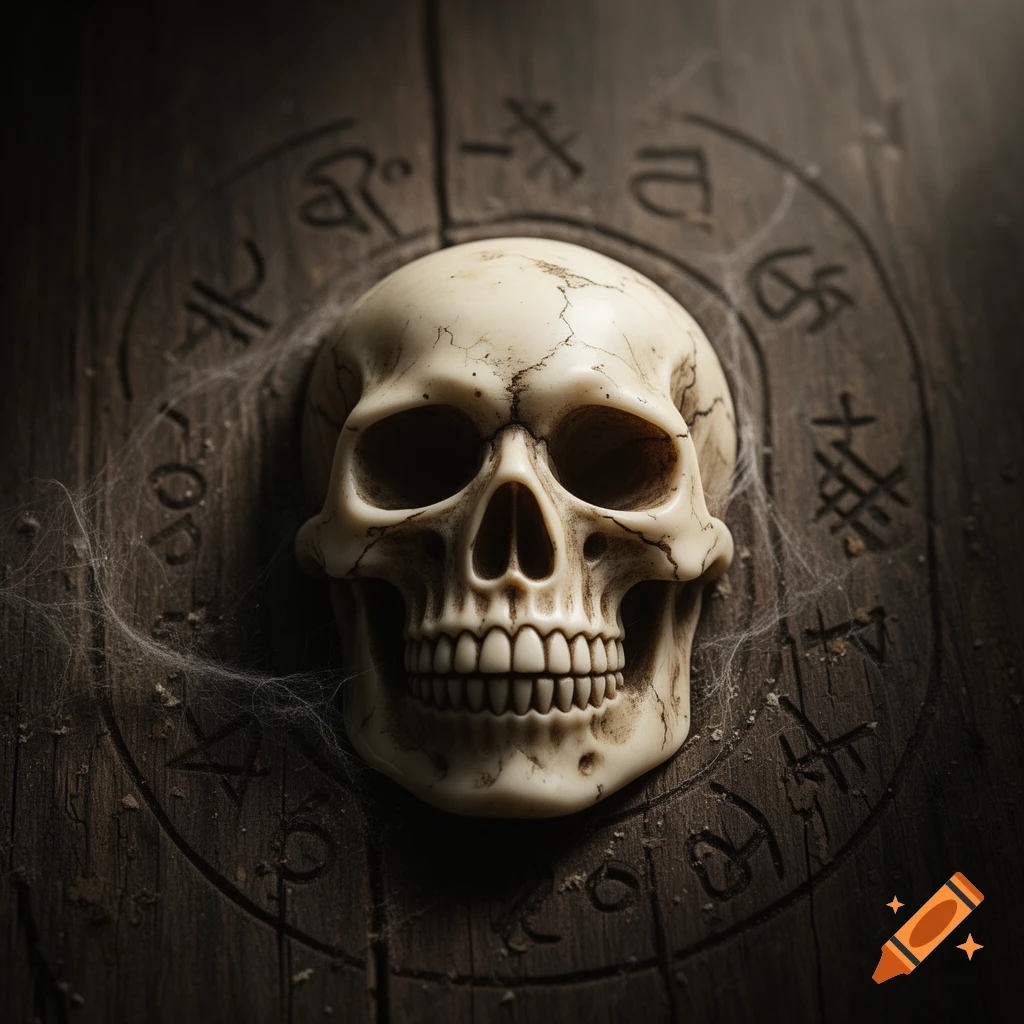 A realistic human skull with cracks and cobwebs rests on a dark wooden surface carved with ancient symbols.