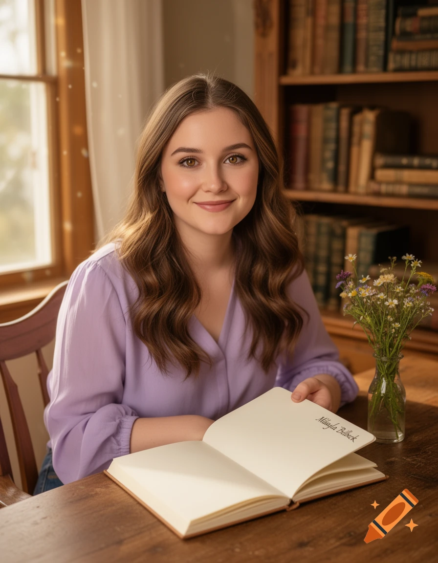 Young woman with long brown hair, wearing a purple shirt, smiling while sitting at a wooden desk with an open book.