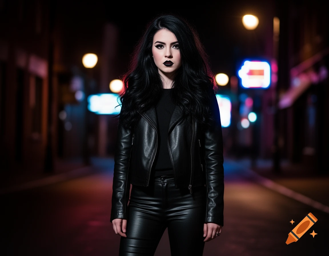 A woman with long dark hair, black leather jacket, and dark lipstick stands on a dark city street at night.