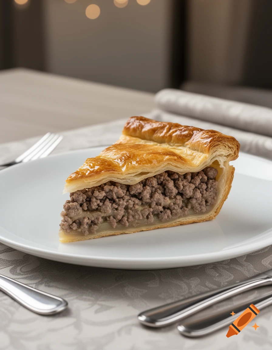 A photorealistic close-up of a slice of savory pie with a golden flaky crust and a ground meat filling on a white plate.