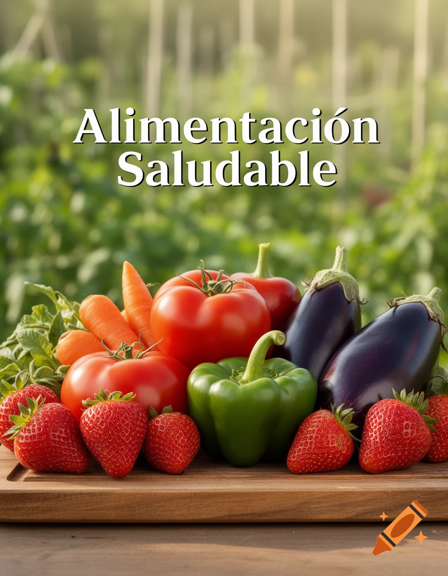 A vibrant still life of fresh produce including strawberries, tomatoes, carrots, bell pepper, and eggplants on a wooden board, with 'Alimentación Saludable' text, in a photorealistic style.