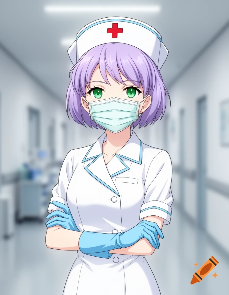 Anime nurse with purple hair, mask, and gloves in a hospital corridor.