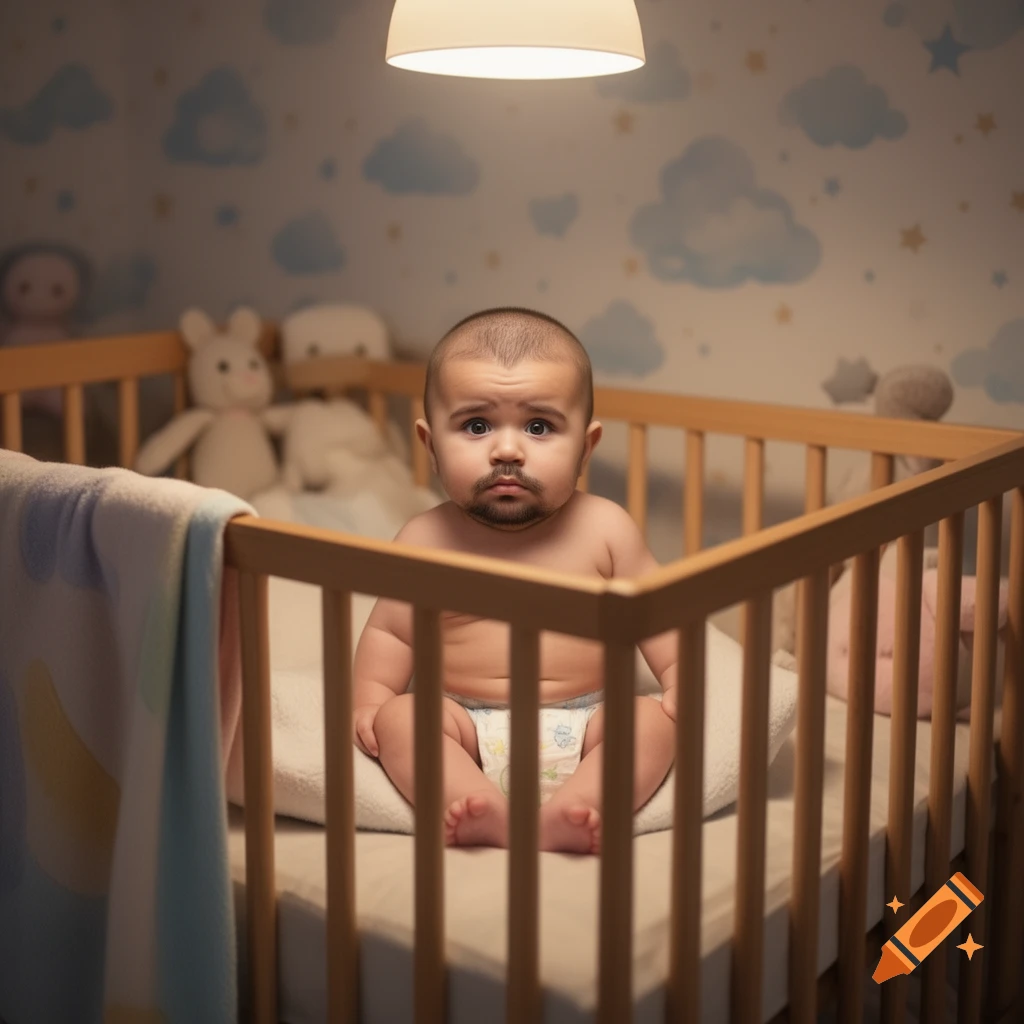 A baby with an adult-like beard and thick eyebrows sits in a crib under a soft light, looking surprised. Stuffed animals are in the background.