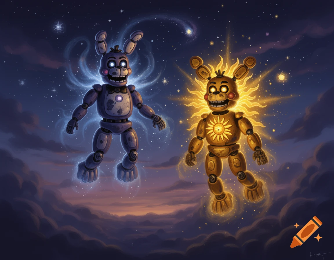 Two animatronic characters, one blue and one gold, representing the moon and sun, float among stars and clouds.