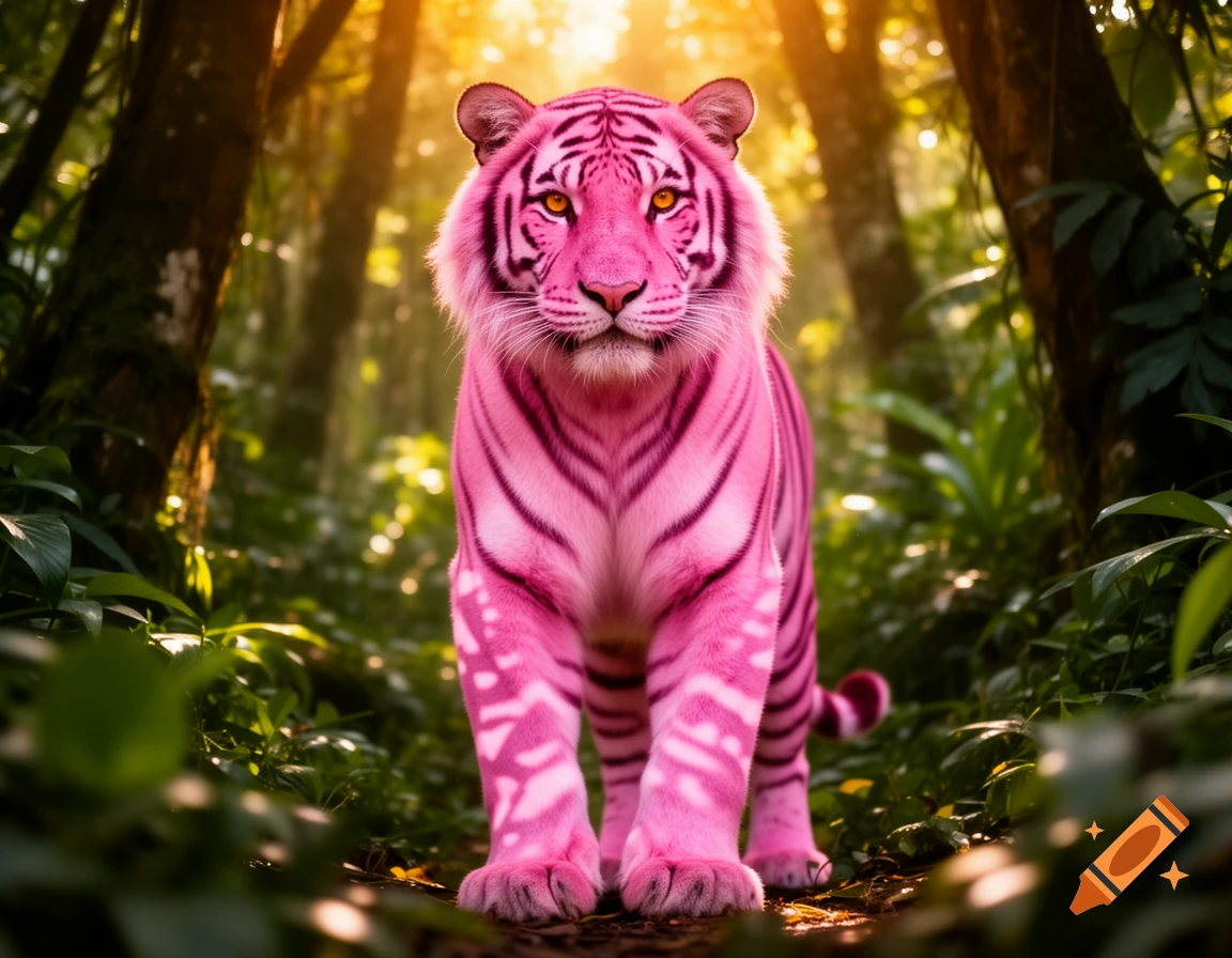 A photorealistic pink tiger with orange eyes stands in a lush jungle with bright sunlight filtering through the trees.